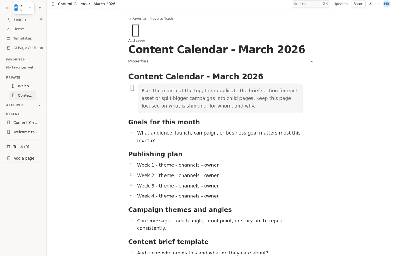 Sujour beta content calendar page with structured headings and planning sections